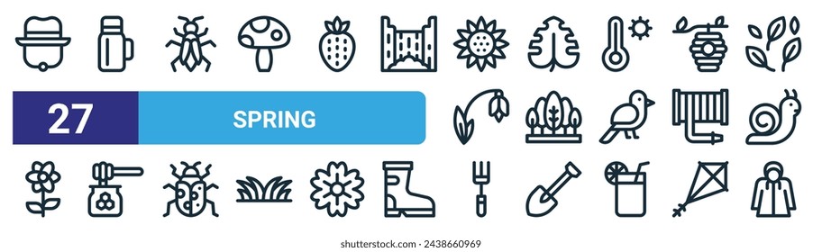 set of 27 outline web spring icons such as hat, thermo, grasshopper, leaf, forest, honey, rake, raincoat vector thin line icons for web design, mobile app.