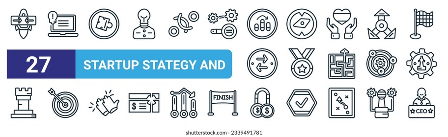 set of 27 outline web startup stategy and icons such as choose, startup laptop, jigsaw, exploration, gold medal, mission, idea magnet, ceo vector thin line icons for web design, mobile app.