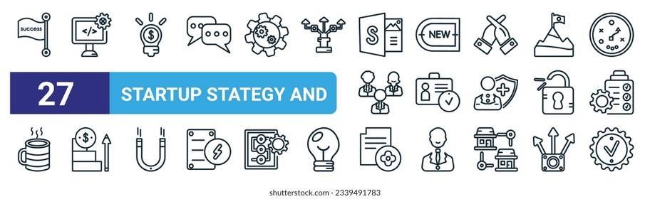 set of 27 outline web startup stategy and icons such as success flag, web development, entrepreneur, new product, identity, career ladder, hire, valid vector thin line icons for web design, mobile