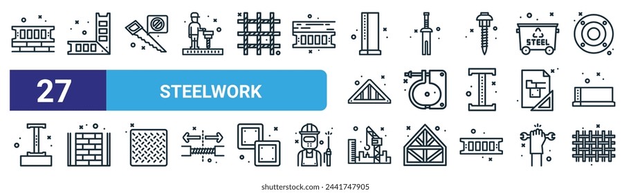 set of 27 outline web steelwork icons such as wall, beam, saw, nail, clam, wall, crane, mesh vector thin line icons for web design, mobile app.