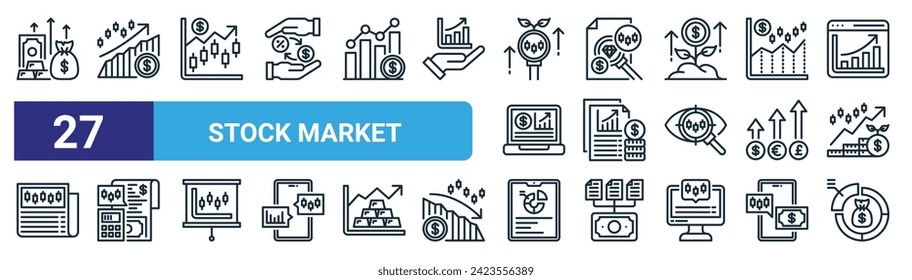 set of 27 outline web stock market icons such as capital, stock market, stock market, value, budget, tablet, as management vector thin line icons for web design, mobile app.