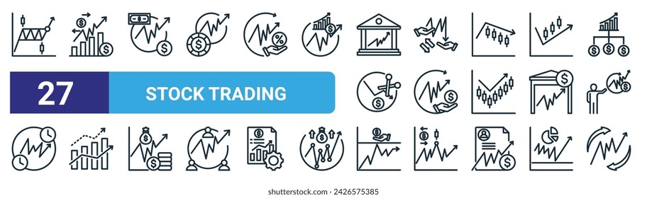 set of 27 outline web stock trading icons such as stock, stock market, price, selling, income, market, take profit, trading vector thin line icons for web design, mobile app.