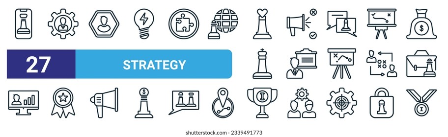 set of 27 outline web strategy icons such as smartphone, business, avatar, advertising, coaching, award, trophy, medal vector thin line icons for web design, mobile app.
