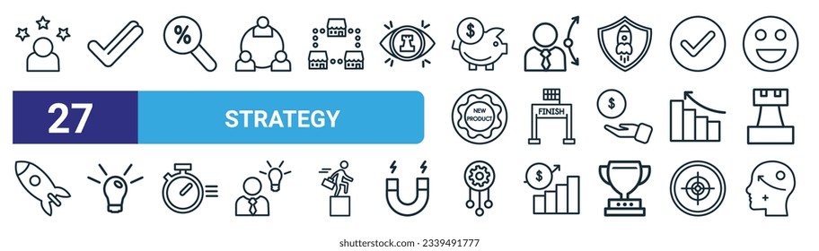 set of 27 outline web strategy icons such as experience, valid, rate, strategy choice, finish line, idea, resources, strategical planning vector thin line icons for web design, mobile app.