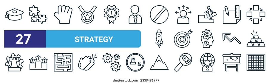 set of 27 outline web strategy icons such as mortarboard, puzzle, fist, attitude, target, pedestal, peak, chess board vector thin line icons for web design, mobile app.