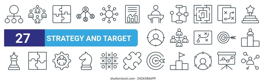 conjunto de 27 iconos de estrategia web esquemática e iconos de objetivo como diagrama de flujo, equipo, rompecabezas, diagrama de flujo, equipo, rompecabezas, objetivo, vector de voz iconos de línea delgada para diseño web, aplicación móvil.