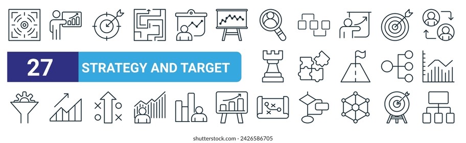 set of 27 outline web strategy and target icons such as target, presentation, target, flow chart, puzzle, graph, strategy, flow chart vector thin line icons for web design, mobile app.