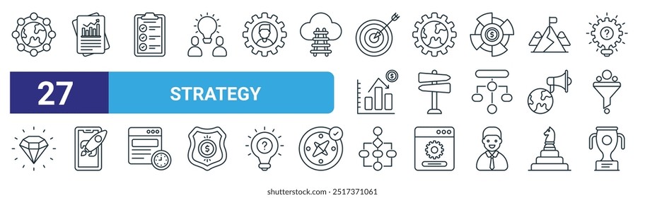 set of 27 outline web strategy icons such as network, progress report, list,  , direction, startup, workflow, trophy vector thin line icons for web design, mobile app.