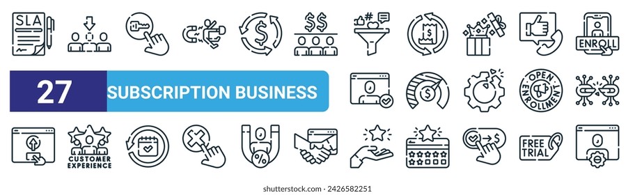 set of 27 outline web subscription business icons such as service level agreement, churn, activation, billing, usage based price, best customer experience, perks, account vector thin line icons for