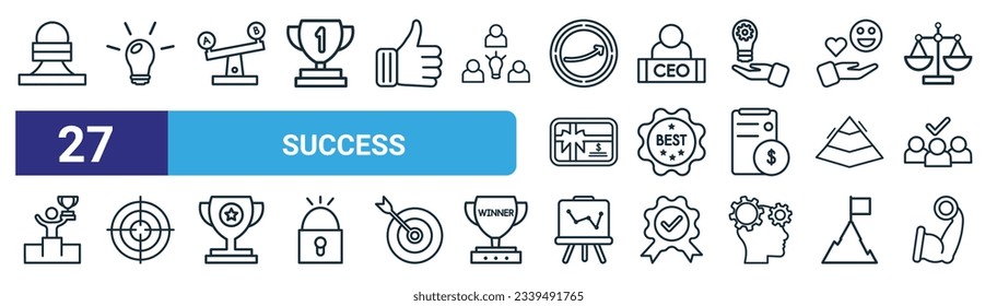 set of 27 outline web success icons such as pawn, bulb, comparison, ceo, best, aim, market trends, strength vector thin line icons for web design, mobile app.