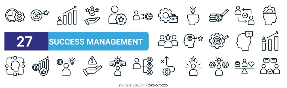 set of 27 outline web success management icons such as time optimization, goal, personal growth, innovation, achievement, financial success, strategic planning, effective communication vector thin