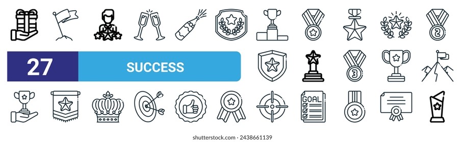 set of 27 outline web success icons such as gift, flag, best employee, medal, trophy, flag, focus, reward vector thin line icons for web design, mobile app.