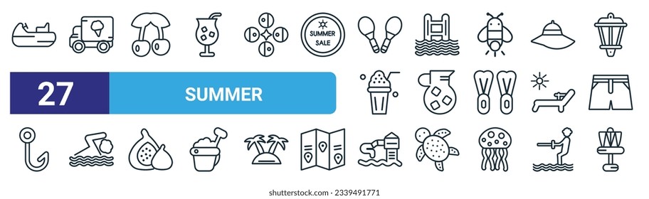 set of 27 outline web summer icons such as sea scooter, ice cream van, cherries, swimming pool ladder, sangria, swimming person, aqua park, disc golf vector thin line icons for web design, mobile