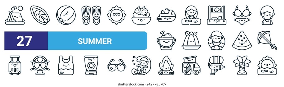 set of 27 outline web summer icons such as camping, suroard, beach ball, swimming, pudding, fan, bonfire, sun vector thin line icons for web design, mobile app.