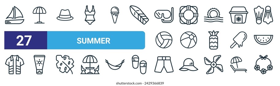 set of 27 outline web summer icons such as sailboat, umbrella, fedora hat, lifebuoy, beach ball, sunscreen, shorts, flower necklace vector thin line icons for web design, mobile app.