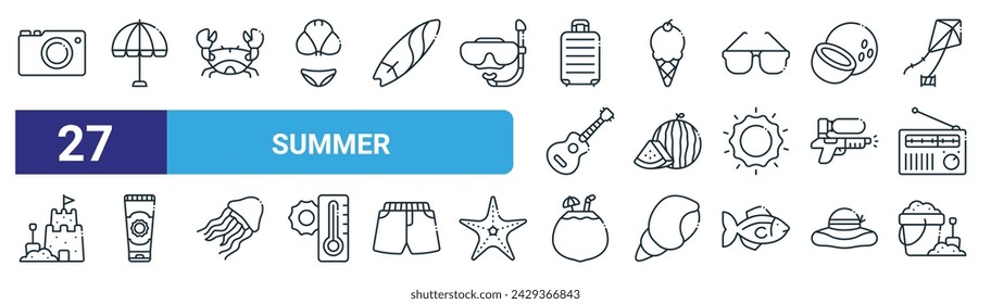 conjunto de 27 iconos de verano web de contorno como cámara, sombrilla, cangrejo, helado, sandía, crema de sol, bebida de coco, vector de cubo de arena iconos de línea delgada para diseño web, aplicación móvil.