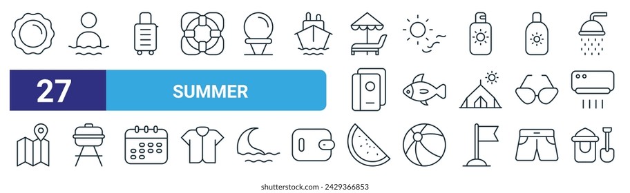 set of 27 outline web summer icons such as sun, swimming, luggage, sun, fish, cooking, watermelon, basket vector thin line icons for web design, mobile app.