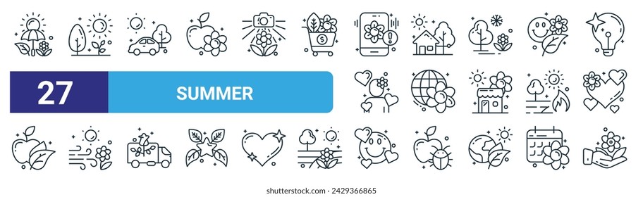 Set von 27 Outline Web Sommer Icons wie Regenschirm, Park, Auto, Haus, Blume, Wind, Lächeln, Hand Vektor dünne Linie Icons für Web-Design, mobile App.