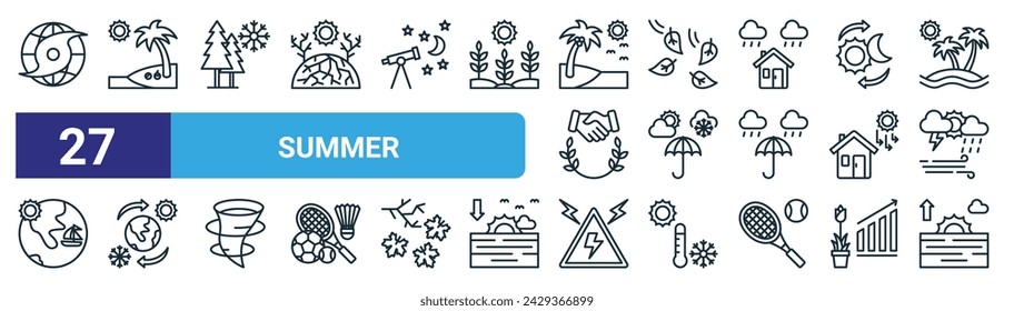 set of 27 outline web summer icons such as hurricane, tropical, winter, leaves, climate, seasonal, electricity, sunrise vector thin line icons for web design, mobile app.