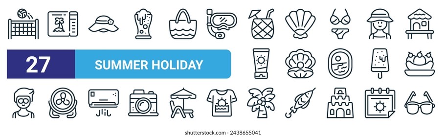 set of 27 outline web summer holiday icons such as volleyball, ticket, hat, shell, oyster, fan, coconut tree, sunglasses vector thin line icons for web design, mobile app.