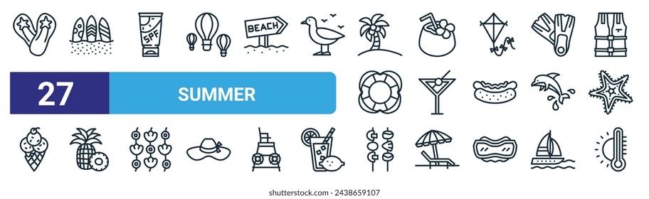 conjunto de 27 iconos de verano web esquemática como chanclas, suroard, protector solar, agua de coco, cóctel, pino, , vector de verano línea delgada iconos para el diseño web, aplicación móvil.