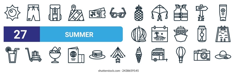 set of 27 outline web summer icons such as sun, shorts, backpack, kite, calendar, trolley bag, ice cream, pamela hat vector thin line icons for web design, mobile app.