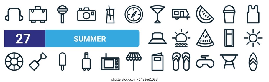 set of 27 outline web summer icons such as head, suitcase, candy, trailer, sun, shovel, menu, surfing board vector thin line icons for web design, mobile app.