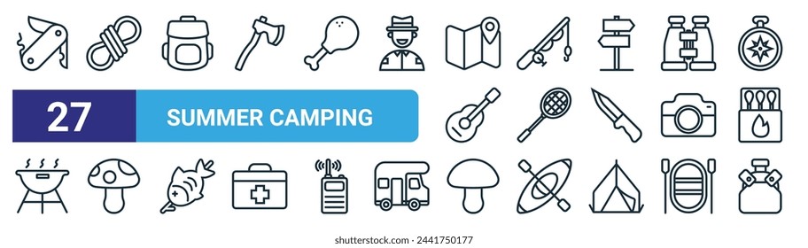 set of 27 outline web summer camping icons such as swiss knife, rope, backpack, fishing rod, badminton, mushroom, mushroom, canteen vector thin line icons for web design, mobile app.