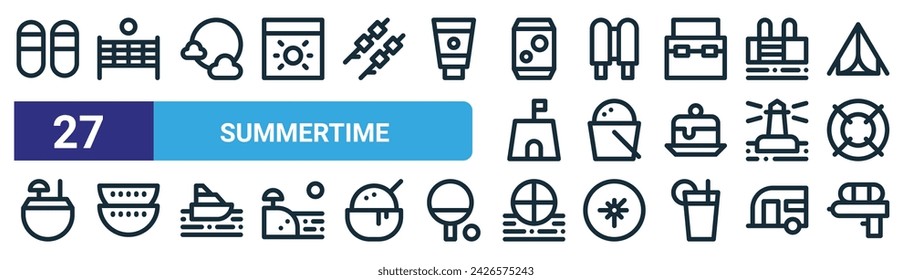 set of 27 outline web summertime icons such as slippers, volley ball, sun,  , sand bucket, watermelon, beach ball, water gun vector thin line icons for web design, mobile app.