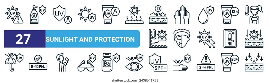 set of 27 outline web sunlight and protection icons such as dangerous, lotion, protection, skin allergy, wrinkles, clock, spf, moisture vector thin line icons for web design, mobile app.