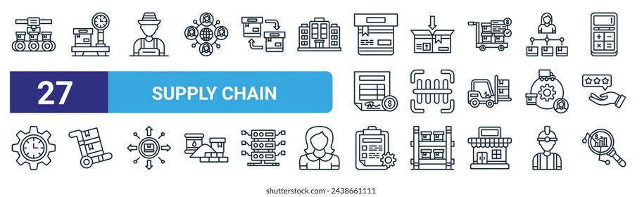 set of 27 outline web supply chain icons such as conveyor belt, weight scale, farmer, packaging, barcode, trolley, specification, data analysis vector thin line icons for web design, mobile app.