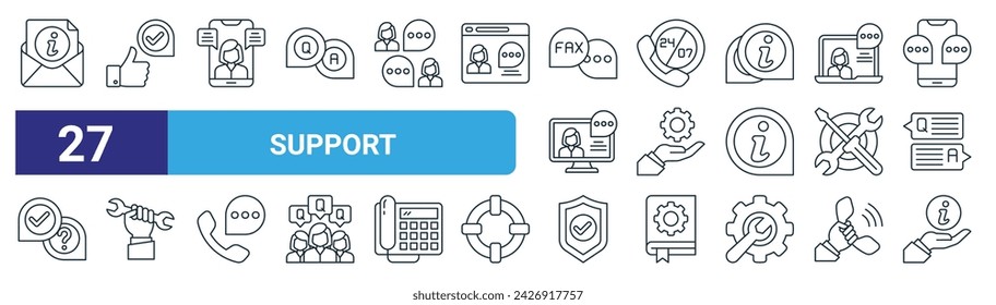 set of 27 outline web support icons such as email, feedback, support,  ,  support, shield, information vector thin line icons for web design, mobile