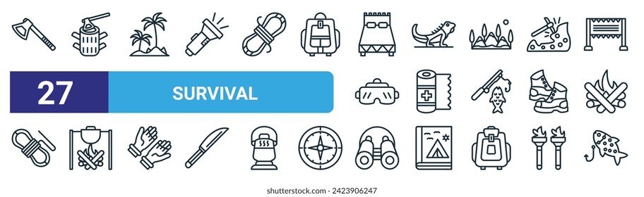 set of 27 outline web survival icons such as axes, wood cutting, island, iguana, bandage, outdoor meal, binocular, fishing vector thin line icons for web design, mobile app.