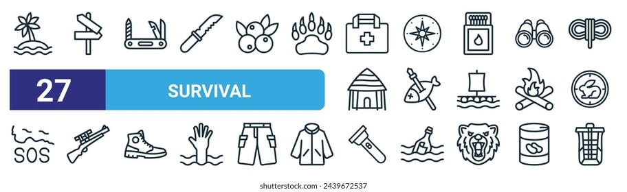 conjunto de 27 iconos de supervivencia web de contorno como isla desierta, , cuchillo de utilidad, brújula, pez, rifle, linterna, vector de mochila línea delgada iconos para el diseño web, aplicación móvil.