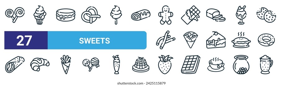 set of 27 outline web sweets icons such as lollipop, ice cream, aron, chote bar, crepe, croissant, strawberry, hot chote vector thin line icons for web design, mobile app.