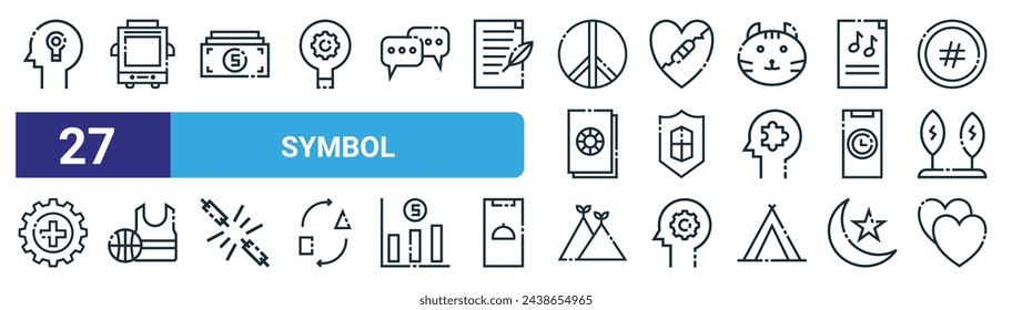 set of 27 outline web symbol icons such as knowledge, transportation, money, healing, protection, sport ball, nature, love vector thin line icons for web design, mobile app.