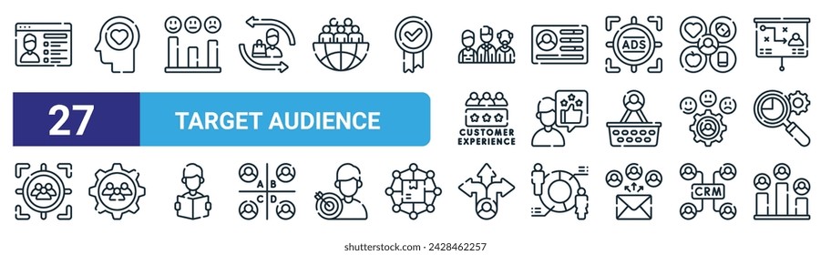 set of 27 outline web target audience icons such as personal information, interest, satisfaction, customer, best customer experience, audience, decision, income vector thin line icons for web