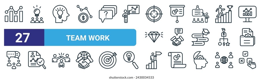 conjunto de 27 iconos de trabajo de equipo web de esquema como progreso, trabajo en equipo, experiencia, presentación, asociación, planificación, liderazgo, vector de elección de iconos de línea delgada para diseño web, aplicación móvil.