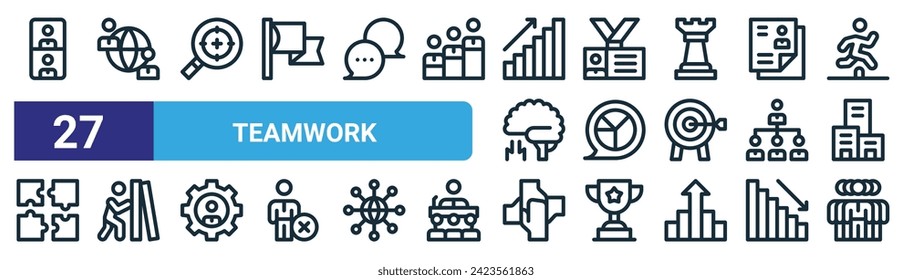 set of 27 outline web teamwork icons such as teamwork, teamwork, target, id card, pie chart, difficulties, absence vector thin line icons for web design, mobile app.