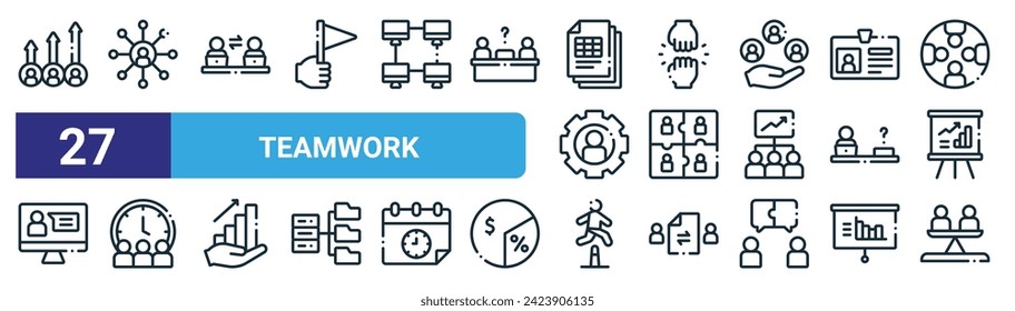 set of 27 outline web teamwork icons such as growth, network, coworking, team, team, schedule, difficulties, equality vector thin line icons for web design, mobile app.