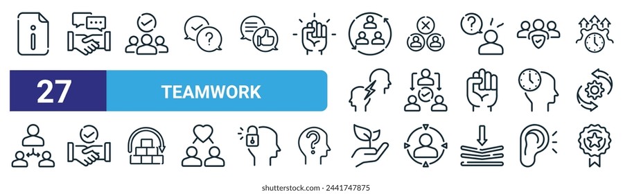 conjunto de 27 iconos de trabajo en equipo web de esquema como claridad, compromiso, trabajo en equipo, ausencia, delegación, cooperación, crecimiento, vector de reconocimiento de iconos de línea delgada para el diseño web, aplicación móvil.