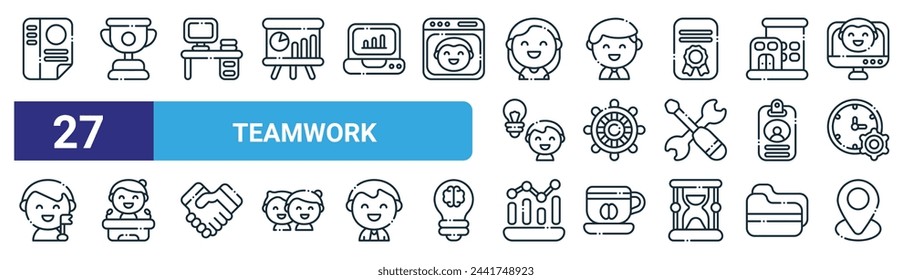 set of 27 outline web teamwork icons such as cv, trophy, workplace, manager, rudder, conference, stats, location vector thin line icons for web design, mobile app.