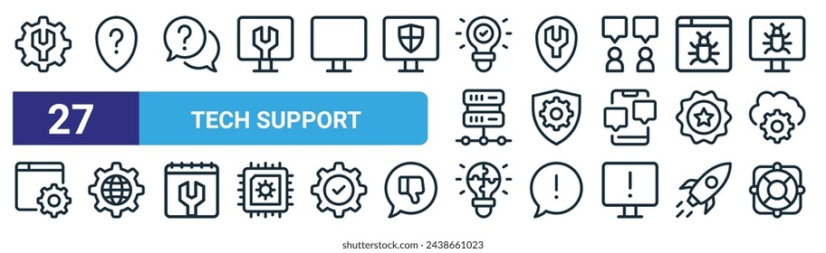 set of 27 outline web tech support icons such as maintenance, placeholder, question, location, protection, services, solution, lifebuoy vector thin line icons for web design, mobile app.
