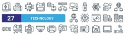 Set Of 27 Outline Web Technology Icons Such As External Harddisk, Printer, Microchip, Usb, Network Security, Floppy Disk, Cloud Hosting, Router Vector Thin Line Icons For Web Design, Mobile App.