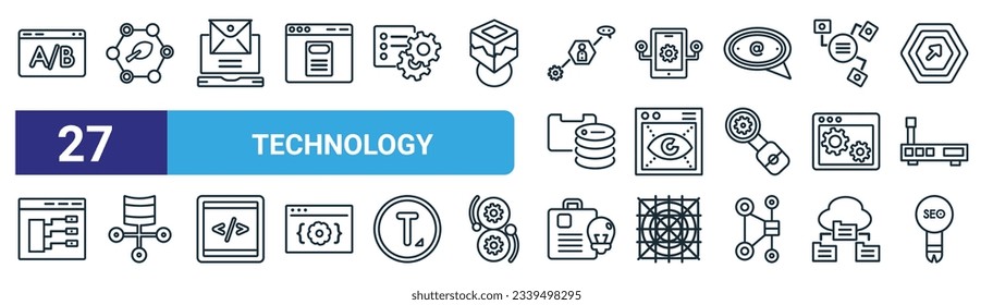 set of 27 outline web technology icons such as ab testing, organic, email marketing, native apps, impressions, relational database management system, content marketing, search engine optimization