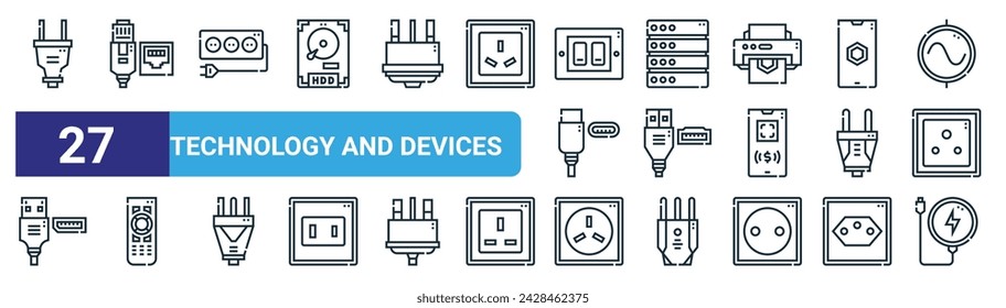 set of 27 outline web technology and devices icons such as power plug, ethernet, power strip, database, display port, remote control, power socket, wireless charging vector thin line icons for web