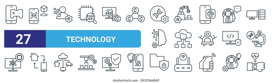 conjunto de 27 iconos de tecnología web esquemática, como juegos, realidad aumentada, transformación digital, tecnología, big data, hogar inteligente, privacidad de datos, vector de tecnología usable, iconos de línea delgada para web