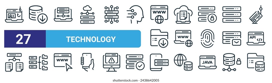 set of 27 outline web technology icons such as phishing, download, server, cloud computing, website, database storage, server, data storage vector thin line icons for web design, mobile app.