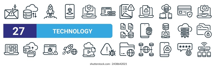 Set von 27 Outline-Web-Technologie-Icons wie Phishing, Computing Cloud, Rocket, Warnung, Fingerabdruck-Scan, Backup, Ordner, lokale Netzwerk Vektor dünne Linie Icons für Web-Design, mobile App.