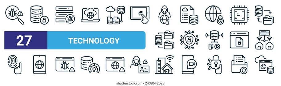 conjunto de 27 iconos de tecnología web esquemática como bug, seguridad, seguridad, datos, seguridad, teléfono móvil, ciudad inteligente, vector de computación, iconos de línea delgada para diseño web, aplicación móvil.